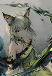 Rule 34 | 1girl, animal ear fluff, animal ears, arknights, bare shoulders, chen bin, chinese commentary, commentary request, dress, green dress, green eyes, grey background, highres, kal&#039;tsit (arknights), looking at viewer, material growth, medium hair, off-shoulder dress, off shoulder, oripathy lesion (arknights), partial commentary, silver hair, solo, upper body