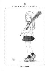 Rule 34 | 1girl, ana coppola, ball, barasui, child, female focus, greyscale, highres, ichigo mashimaro, lacrosse, monochrome, solo, white background