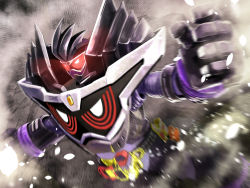 Rule 34 | 1boy, armor, black armor, bursting, bursting from ground, commentary request, driver (kamen rider), gamer driver, glowing, glowing eyes, highres, kamen rider, kamen rider ex-aid (series), kamen rider genm, lee brocco, male focus, mecha, purple armor, robot, spiked hair, tokusatsu