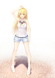Rule 34 | 10s, 1girl, absurdres, arm above head, bare shoulders, blonde hair, blush, breasts, denim, denim shorts, drill hair, hair between eyes, highres, jewelry, large breasts, long hair, miura yumiko, necklace, nentsuchi, open mouth, pigeon-toed, ribbon, sandals, short shorts, shorts, smile, solo, white background, yahari ore no seishun lovecome wa machigatteiru., yellow eyes