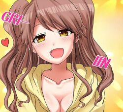 Rule 34 | 1girl, blush, brown hair, heart (symbol), long hair, looking at viewer, my first time is with... my little sister?!, open mouth, sasaki kaori (my first time is with... my little sister?!), shirt, solo, very long hair, yellow eyes, yellow shirt
