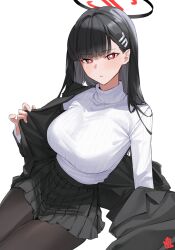Rule 34 | 1girl, black hair, black jacket, black pantyhose, black skirt, black suit, blue archive, blunt bangs, breasts, bright pupils, commentary, formal, hair ornament, hairclip, halo, highres, invisible chair, jacket, jacket partially removed, large breasts, light blush, long hair, looking at viewer, nillith, open clothes, open jacket, pantyhose, parted lips, pleated skirt, red eyes, ribbed sweater, rio (blue archive), simple background, sitting, skirt, solo, suit, suit jacket, sweater, sweater tucked in, symbol-only commentary, turtleneck, turtleneck sweater, white background, white pupils, white sweater