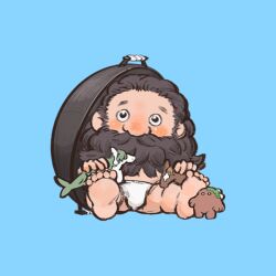 Rule 34 | 1boy, barefoot, beard, black hair, blue background, blush, bugle, chibi, covered mouth, creature, dungeon meshi, dwarf, facial hair, full body, golem, hair slicked back, hashtag-only commentary, highres, holding, instrument, kara 0907, kelpie, long beard, looking at viewer, male focus, male underwear, mustache, no headwear, no pants, nose blush, senshi (dungeon meshi), simple background, sitting, soles, solo, stuffed toy, topless male, underwear, white male underwear, wok