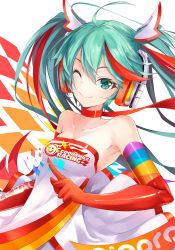Rule 34 | &gt;;), 1girl, ajigo, armpits, bare shoulders, choker, closed mouth, clothes writing, collarbone, company name, elbow gloves, gloves, goodsmile company, goodsmile racing, green eyes, green hair, hatsune miku, headphones, index finger raised, long hair, one eye closed, orange gloves, race queen, racing miku, racing miku (2016), smile, solo, twintails, v-shaped eyebrows, vocaloid