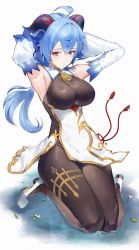Rule 34 | 1girl, absurdres, ahoge, armpits, arms behind head, arms up, blue hair, bodystocking, breasts, commentary request, detached sleeves, ganyu (genshin impact), genshin impact, highres, horns, large breasts, long hair, long sleeves, looking at viewer, low ponytail, odyssey 21, purple eyes, seiza, shoes, simple background, sitting, solo, thighs, white background, white footwear
