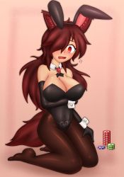 Rule 34 | 1girl, animal ears, blush, breasts, brown hair, cleavage, collarbone, commentary request, elbow gloves, fang, gloves, hair over one eye, highres, imaizumi kagerou, julian semenov, large breasts, leotard, long hair, open mouth, pantyhose, playboy bunny, pubic tattoo, rabbit ears, rabbit girl, red eyes, sitting, solo, sweatdrop, tail, tattoo, touhou, wolf ears, wolf tail