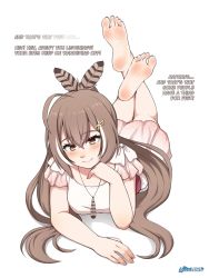 Rule 34 | 1girl, ahoge, artist logo, barefoot, blush, brown eyes, brown hair, commentary, crossed bangs, crossed legs, dress, english commentary, feather hair ornament, feathers, feet, feet up, frilled sleeves, frills, full body, gradient dress, hair between eyes, hair ornament, hairclip, hand up, highres, hololive, hololive english, long hair, looking at viewer, lululewd, lying, multicolored hair, nail polish, nanashi mumei, on stomach, pink dress, pink nails, short sleeves, sidelocks, soles, solo, streaked hair, the pose, toenail polish, toenails, toes, virtual youtuber, white background, white dress, white hair