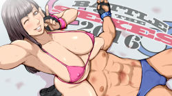 Rule 34 | 1boy, 1girl, armpits, bikini, breasts, brown eyes, brown hair, bruise, bulge, cleavage, covered erect nipples, defeat, femdom, fingerless gloves, gloves, grin, injury, large breasts, long hair, looking at viewer, makiya, mixed wrestling, nipples, one eye closed, pink bikini, reaching, reaching towards viewer, selfie, shoes, sitting, sitting on face, sitting on person, smile, swimsuit, wink, wrestling ring