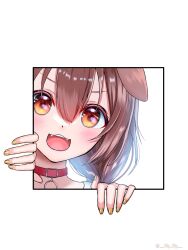 Rule 34 | 1girl, animal ears, brown hair, collar, dog ears, fourth wall, highres, hololive, inugami korone, lily lily, orange eyes, red collar, twitter username, virtual youtuber, yellow nails