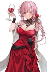Rule 34 | 1girl, blush, breasts, commentary, cowboy shot, cup, detached collar, dress, drinking glass, flower, grey ribbon, hair flower, hair ornament, hair ribbon, hand up, highres, holding, holding cup, hololive, hololive english, large breasts, long hair, looking at viewer, machi (7769), mori calliope, mori calliope (party dress), nail polish, official alternate costume, parted lips, pink eyes, pink hair, red dress, red flower, red rose, ribbon, rose, shawl, simple background, smile, solo, strapless, strapless dress, symbol-only commentary, virtual youtuber, white background, wrist cuffs