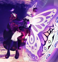 Rule 34 | bad id, bad twitter id, bare shoulders, bug, butterfly, choker, elf, floating, flower, hat, hat flower, highres, insect, lucid (maplestory), maplestory, mini hat, mini top hat, pink butterfly, pink eyes, pink hair, pointy ears, red flower, red rose, rose, solo, top hat