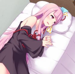 Rule 34 | 1girl, bare shoulders, bed, blueberry (5959), blunt bangs, blush, detached sleeves, dress, hair ornament, hair ribbon, highres, kotonoha akane, long hair, lying, on bed, on side, open mouth, pillow, pink eyes, pink hair, ribbon, short dress, sleeveless, sleeveless dress, solo, voiceroid