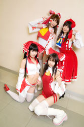 Rule 34 | 4girls, asian, cosplay, female focus, hakurei reimu, multiple girls, navel, photo (medium), red theme, shoes, touhou