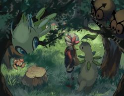 Rule 34 | 1girl, bayleef, blue overalls, bow, brown eyes, brown hair, cabbie hat, celebi, closed mouth, commentary request, creatures (company), from above, game freak, gen 1 pokemon, gen 2 pokemon, grass, hat, hat bow, highres, hoothoot, in tree, legendary pokemon, long hair, looking up, lyra (pokemon), mythical pokemon, nintendo, nmn 0, overalls, paras, pokemon, pokemon (creature), pokemon hgss, red footwear, red shirt, shirt, shoes, standing, thighhighs, tree, tree stump, twintails, white headwear, yellow bag