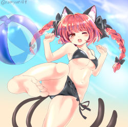 Rule 34 | 1girl, alternate costume, animal ear fluff, animal ears, ball, bare shoulders, barefoot, beachball, bikini, black bikini, black bow, blunt bangs, blush, bow, braid, breasts, cat ears, cat tail, cloud, day, fang, floating hair, foot out of frame, frills, from below, hair bow, hair ribbon, hands up, kaenbyou rin, long hair, looking at viewer, medium breasts, multiple tails, navel, nekomata, one eye closed, open mouth, outdoors, ramudia (lamyun), red eyes, red hair, ribbon, see-through, skin fang, sky, soles, solo, standing, standing on one leg, swimsuit, tail, toes, touhou, tress ribbon, twin braids, two side up, two tails