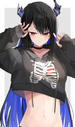 Rule 34 | 1girl, black choker, black hair, black hoodie, blue hair, blush, breasts, choker, closed mouth, colored inner hair, crop top, crop top overhang, cropped hoodie, demon horns, hands up, highres, hololive, hololive english, hood, hoodie, horns, long hair, looking at viewer, medium breasts, mole, mole under eye, multicolored hair, navel, nerissa ravencroft, red eyes, shuuzo3, solo, stomach, two-tone hair, very long hair, virtual youtuber