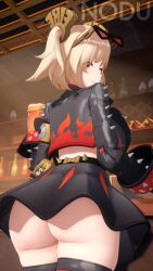 1girl 3d artist_name ass bar_(place) belt black_belt black_jacket black_skirt black_thighhighs blush burnice_white closed_mouth commentary cowboy_shot cropped_jacket curvy flame_print from_behind good_ass_day hair_ornament highres jacket long_sleeves medium_hair midriff nodu pleated_skirt red_eyes skirt solo spiked_belt spiked_jacket standing symbol-only_commentary thighhighs twintails zenless_zone_zero