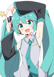 Rule 34 | 1girl, absurdres, aikawa ryou, aqua hair, armpits, arms up, black skirt, black sleeves, blue eyes, blue necktie, blush, collared shirt, commentary, detached sleeves, grey shirt, hair between eyes, hatsune miku, head tilt, highres, long hair, long sleeves, looking at viewer, necktie, shirt, simple background, skirt, solo, star (symbol), tie clip, twintails, upper body, very long hair, vocaloid, white background, wide sleeves