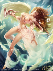 Rule 34 | 1girl, above clouds, blonde hair, blurry, bracer, cloud, copyright name, copyright notice, dated, depth of field, feathers, half-closed eyes, highres, instrument, jewelry, legend of the cryptids, long hair, lots of jewelry, pink shawl, revealing clothes, ring, shawl, solo, tears, thighs, white feathers, wings, zhang wei yi