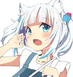 Rule 34 | 1girl, animal ear fluff, animal ears, blue dress, blue eyes, blue hair, blush, cat ears, claw pose, collarbone, commentary request, cube hair ornament, dress, gawr gura, gawr gura (casual), hair ornament, hands up, hololive, hololive english, looking at viewer, multicolored hair, okota mikan, open mouth, sharp teeth, shirt, silver hair, simple background, solo, streaked hair, teeth, twintails, upper body, virtual youtuber, white background, white shirt
