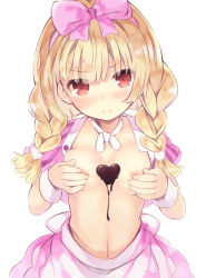 Rule 34 | 1girl, blonde hair, blouse, blush, bow, braid, breasts, breasts squeezed together, candy, chocolate, chocolate heart, chocolate on body, chocolate on breasts, closed mouth, fingernails, food, food on body, hair bow, hairband, head tilt, heart, kurasuke, low twintails, nipples, open clothes, open shirt, original, pink bow, pink hairband, pink shirt, pink skirt, puffy short sleeves, puffy sleeves, red eyes, shirt, short sleeves, skirt, small breasts, smile, solo, twin braids, twintails, white neckwear, wrist cuffs