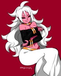 Rule 34 | 1girl, alternate form, android 21, black nails, black sclera, bracelet, breasts, cleavage, colored sclera, colored skin, d-ryuu, dragon ball, dragon ball fighterz, earrings, hoop earrings, jewelry, looking at viewer, majin android 21, midriff, monster girl, nail polish, navel, pink skin, pointy ears, red background, red eyes, smile, smirk, solo, white hair