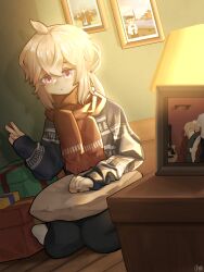 Rule 34 | 1girl, acoustic guitar, blue sweater, box, cheychan, commentary, english commentary, gift, gift box, girls&#039; frontline, grey hair, guitar, hair between eyes, highres, ikea shark, instrument, jewelry, lamp, looking at viewer, m200 (girls&#039; frontline), photo (object), pillow, print sweater, purple eyes, red scarf, ring, scarf, sidelocks, sitting, solo, stuffed animal, stuffed shark, stuffed toy, sweater, v, wedding ring, wooden floor