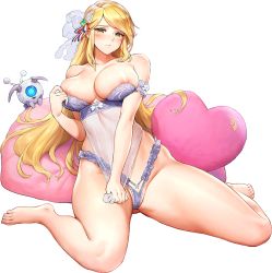 Rule 34 | 1girl, areola slip, blonde hair, blush, bra, breasts, full body, game cg, green eyes, highres, indomitable marie, kakiman, large breasts, last origin, lingerie, long hair, looking at viewer, official art, panties, pillow, sitting, solo, tachi-e, thick thighs, thighs, transparent background, underwear, underwear only, wariza
