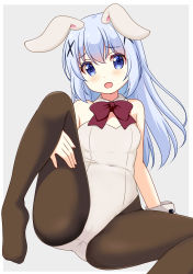 Rule 34 | 1girl, :d, animal ears, bare arms, bare shoulders, black pantyhose, blue eyes, blue hair, blush, bow, bowtie, cameltoe, chobi (5760403), collar, commentary request, detached collar, fake animal ears, fingernails, gochuumon wa usagi desu ka?, grey background, hair between eyes, hair ornament, head tilt, highres, kafuu chino, leg up, leotard, looking at viewer, no shoes, open mouth, pantyhose, playboy bunny, rabbit ears, rabbit girl, red bow, red bowtie, simple background, sitting, smile, solo, strapless, strapless leotard, white collar, white leotard, wrist cuffs, x hair ornament