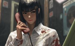 Rule 34 | 1girl, absurdres, black eyes, black hair, blood, blood on clothes, blurry, blurry background, closed mouth, collared shirt, depth of field, dress shirt, guweiz, hair ornament, hairclip, hand up, highres, holding, holding phone, lips, long sleeves, original, phone, phone booth, pink lips, shirt, sign, solo, talking on phone, thick eyebrows, upper body, white shirt