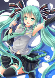 Rule 34 | 1girl, :d, arm up, armpits, bare shoulders, black skirt, breasts, collared shirt, detached sleeves, green eyes, green hair, hatsune miku, highres, jumping, bridal garter, long hair, looking at viewer, matching hair/eyes, microphone, navel, necktie, open mouth, shirt, skirt, sleeveless, sleeveless shirt, small breasts, smile, solo, thighhighs, twintails, very long hair, villyane, vocaloid, zettai ryouiki