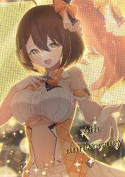 Rule 34 | 1girl, :d, absurdres, ahoge, anniversary, arm strap, azur lane, baltimore (azur lane), baltimore (muse) (azur lane), bare shoulders, bow, braid, breasts, brown hair, buckle, center frills, center opening, clothing cutout, commentary request, cowboy shot, dress, french braid, frills, gloves, hair between eyes, hand up, hat, headset, heart, heart-shaped buckle, highres, idol, large breasts, looking at viewer, mini hat, navel, open mouth, orange bow, pleated skirt, roido (taniko-t-1218), screen, shirt, short hair, sidelocks, skirt, sleeveless, sleeveless dress, smile, solo, stage lights, standing, stomach cutout, teeth, underboob, underboob cutout, upper teeth only, white gloves, white shirt, white skirt, yellow eyes