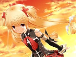 Rule 34 | 1girl, alcot, blush, cloud, elbow gloves, gloves, goth fashion, gothic lolita, karen (triptych), lolita fashion, long hair, looking at viewer, nimura yuuji, outdoors, skirt, sky, solo, triptych, twintails