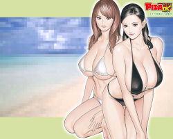 Rule 34 | 2girls, action pizazz, bikini, black hair, breasts, brown hair, cleavage, earrings, huge breasts, izayoi seishin, jewelry, long hair, multiple girls, official art, official wallpaper, pixelated, swimsuit, wallpaper