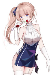 Rule 34 | 1girl, absurdres, bare shoulders, blonde hair, blue eyes, blush, breasts, character request, covering own mouth, cup, dress, drinking glass, elbow gloves, feet out of frame, flower, gloves, highres, holding, holding cup, holding flower, ironmarch, long hair, looking at viewer, medium breasts, solo, standing, sweater, sweater dress, thighhighs, warship girls r, white background, white gloves, white thighhighs, wine glass