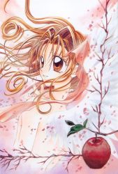 Rule 34 | 1990s (style), 1girl, angel, angel wings, apple, back, branch, brown eyes, brown hair, food, fruit, interlocked fingers, kamikaze kaitou jeanne, kusakabe maron, light smile, nude, official art, own hands clasped, own hands together, pale color, petals, retro artstyle, solo, tanemura arina, traditional media, wind, wings