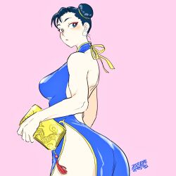 Rule 34 | 1girl, ass, back, back focus, backless dress, backless outfit, bag, blue dress, blush, breasts, capcom, china dress, chinese clothes, chun-li, double bun, dress, eyeshadow, hair bun, handbag, large breasts, looking back, makeup, misodiru, pelvic curtain, red eyeshadow, short bangs, short hair, simple background, street fighter, street fighter 6, thick thighs, thighs