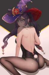 Rule 34 | 1girl, absurdres, artist request, ass, bare shoulders, black hair, blush, breasts, embarrassed, from behind, genshin impact, green eyes, hair ornament, hair ribbon, hat, highres, leotard, long hair, looking at viewer, medium breasts, mona (genshin impact), pantyhose, playboy bunny, purple hair, rabbit tail, ribbon, shiny clothes, sideboob, sitting, smile, solo, tail, twintails, very long hair, wariza