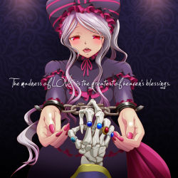 Rule 34 | 1girl, ainz ooal gown, commentary request, cuffs, dress, english text, gothic lolita, handcuffs, jewelry, k-ta, light purple hair, lolita fashion, long hair, looking at viewer, nail polish, overlord (maruyama), pink nails, pov, red eyes, ring, shalltear bloodfallen, slit pupils, solo focus, very long hair