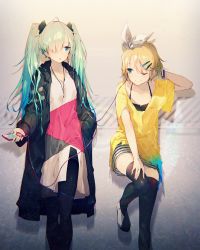 Rule 34 | 2girls, aqua hair, blonde hair, blue eyes, bow, closed mouth, coat, collarbone, digital media player, dress, green hair, hair bow, hair ornament, hair over one eye, hairclip, hand in own hair, hand in pocket, hand up, hatsune miku, highres, ipod, ipod nano, jewelry, kagamine rin, knee up, listening to music, long hair, looking at another, miniskirt, mizuya (caxas328), multiple girls, necklace, one eye closed, open clothes, open coat, open mouth, pantyhose, rainbow, shirt, short hair, short sleeves, skirt, smile, standing, striped clothes, striped skirt, thighhighs, twintails, very long hair, vocaloid, white bow, white dress, yellow shirt