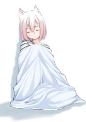 Rule 34 | 1girl, against wall, animal ears, blanket, closed eyes, commentary request, facing viewer, highres, original, parted lips, pink hair, shirt, sitting, sleeping, solo, striped clothes, striped shirt, suzunari arare, white background, white shirt, yuki arare