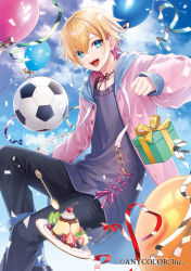 Rule 34 | 1boy, :d, amaichi esora, ball, balloon, black choker, black pants, black ribbon, blonde hair, blue eyes, blue hair, blue sky, blueberry, box, buttons, cherry, choker, cloud, collarbone, commentary request, confetti, day, drawstring, earrings, eyelashes, feet out of frame, food, fruit, gift, gift box, glint, grey sweater, hair between eyes, hair ornament, highres, hood, hood down, hoodie, jewelry, jumping, kiwi (fruit), kiwi slice, long sleeves, looking at viewer, male focus, multicolored hair, naruse naru, nijisanji, open clothes, open hoodie, open mouth, outdoors, pants, pink hair, pink hoodie, plate, pudding, puffy long sleeves, puffy sleeves, raspberry, ribbon, ribbon choker, short hair, sky, smile, soccer ball, solo, spoon, strawberry, streaked hair, streamers, sweater, teeth, upper teeth only, virtual youtuber, x hair ornament