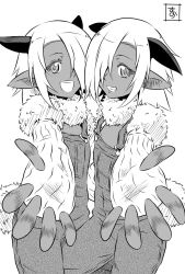 Rule 34 | 10s, 2girls, :d, animal ears, cott, cowboy shot, dark skin, dark-skinned female, elbow gloves, fingerless gloves, gloves, goat ears, goat girl, goat horns, goat tail, greyscale, hair over one eye, horns, monochrome, monster girl, monster musume no iru nichijou, multiple girls, open mouth, overalls, plant girl, s-now, siblings, signature, sisters, smile, tail, tawn, twins