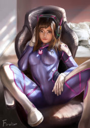 Rule 34 | 1girl, absurdres, animal print, artist name, blue bodysuit, bodysuit, boots, bracer, breasts, brown eyes, brown hair, chair, couch, d.va (overwatch), eyebrows, facepaint, facial mark, firolian, gloves, hand on headphones, headphones, high collar, highres, indoors, light rays, light smile, lips, long hair, looking at viewer, nose, office chair, overwatch, overwatch 1, pilot suit, rabbit print, realistic, ribbed bodysuit, shoulder pads, signature, sitting, skin tight, small breasts, solo, spread legs, swept bangs, swivel chair, wavy hair, whisker markings, white footwear, white gloves