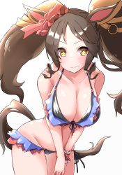 Rule 34 | + +, animal ears, black hair, blush, breasts, cleavage, collarbone, fang, highres, horse ears, horse girl, horse tail, komb, large breasts, leaning forward, looking at viewer, marvelous sunday (umamusume), simple background, smile, swimsuit, tail, twintails, umamusume, white background, yellow eyes