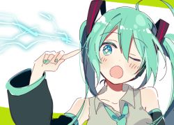 Rule 34 | 1girl, 4 (nakajima4423), :o, ;d, bare shoulders, blue hair, blue nails, blue necktie, blush, close-up, detached sleeves, electricity, finger to face, fingernails, green background, grey shirt, hatsune miku, head tilt, index finger raised, long hair, looking away, nail polish, necktie, one eye closed, open mouth, shirt, simple background, sleeveless, sleeveless shirt, smile, solo, sparkling eyes, twintails, two-tone background, upper body, vocaloid, white background