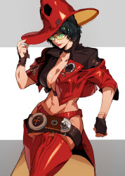 Rule 34 | 1girl, belt, black hair, breasts, choker, cleavage, fingerless gloves, gloves, green-tinted eyewear, green-tinted glasses, green eyes, guilty gear, guilty gear strive, hat, i-no, jacket, large breasts, midriff, mole, mole above mouth, na insoo, red headwear, red jacket, red lips, red thighhighs, shiny clothes, shiny legwear, short hair, sunglasses, thighhighs, tinted eyewear, venus symbol, very short hair, witch hat