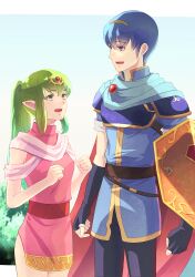 Rule 34 | 1boy, 1girl, aged up, armor, belt, blue cape, blue eyes, blue hair, blue sky, breastplate, cape, clenched hand, commentary request, fire emblem, fire emblem: mystery of the emblem, green eyes, green hair, letterboxed, long hair, marth (fire emblem), nintendo, open mouth, outside border, red cape, riou (pooh920), shield, short hair, shoulder armor, sky, smile, standing, tiara, tiki (fire emblem), tiki (young) (fire emblem), two-sided cape, two-sided fabric, two-tone cape