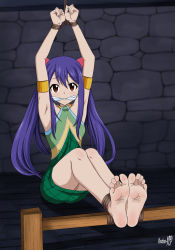 Rule 34 | 1girl, absurdres, armpits, barefoot, bdsm, blue hair, bondage, bound, bound ankles, bound wrists, breasts, brown eyes, cleave gag, cloth gag, fairy tail, feet, gag, gagged, highres, improvised gag, legs, shadow xcp, soles, toes, wendy marvell