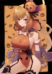 Rule 34 | 1girl, black cloak, blue eyes, bow, bowtie, breasts, cloak, covered navel, diagonal-striped bow, diagonal-striped bowtie, diagonal-striped clothes, dragalia lost, elisanne, food-themed hair ornament, garter straps, gauntlets, hair ornament, hair ribbon, halloween, halloween costume, highres, large breasts, leotard, lips, long hair, looking at viewer, navel, official alternate costume, orange hair, playboy bunny, ponytail, pumpkin hair ornament, punished pigeon, ribbon, sidelocks, sitting, smile, solo, striped bow, striped bowtie, striped clothes, thighs, very long hair